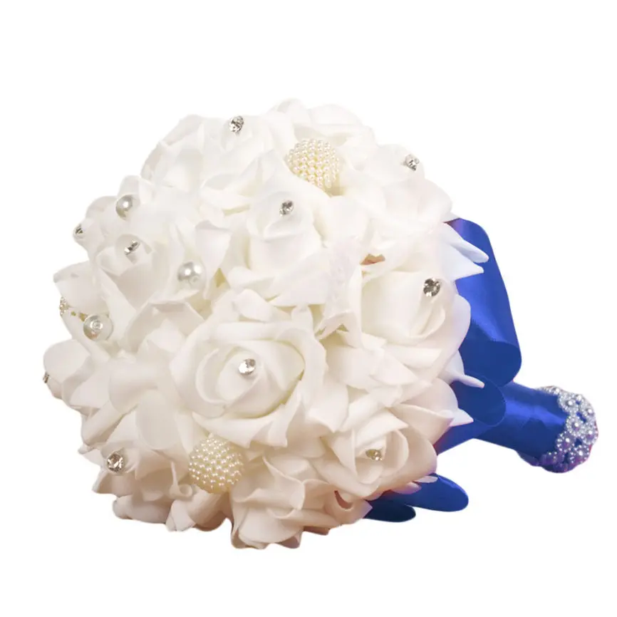 Букет с кристаллами розы жемчуг Невесты Свадебный букет невесты Искусственные Шелковые цветы Прямая поставка Aug#1 - Цвет: Dark Blue