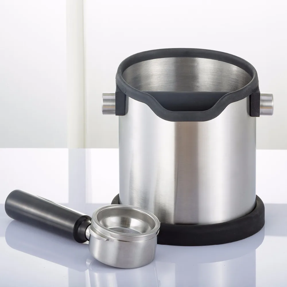 Stainless steel knock box and coffee grind container for portafilter espresso