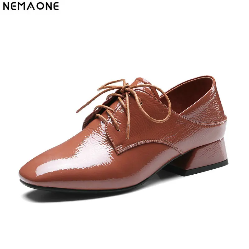 

NNEMAONE Woman Low Square Heel Lace Up Genuine Leather Pumps Fashion Pointed Toe Causal Ladies Shoes Black white brown