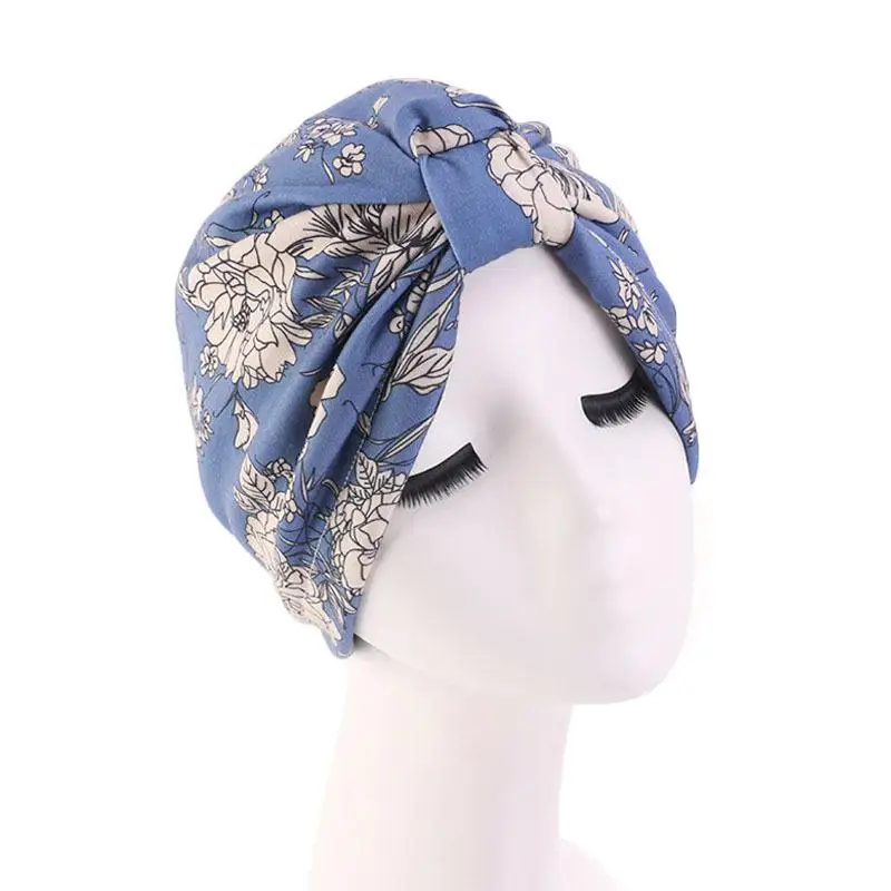 Женская шляпа с цветочным принтом, мусульманский хиджаб, химиотерапия рак, шапка, исламская шляпа от выпадения волос, головной шарф, тюрбан, атласная подкладка, внутренняя шапка, Арабская Мода - Цвет: 02 Sky Blue