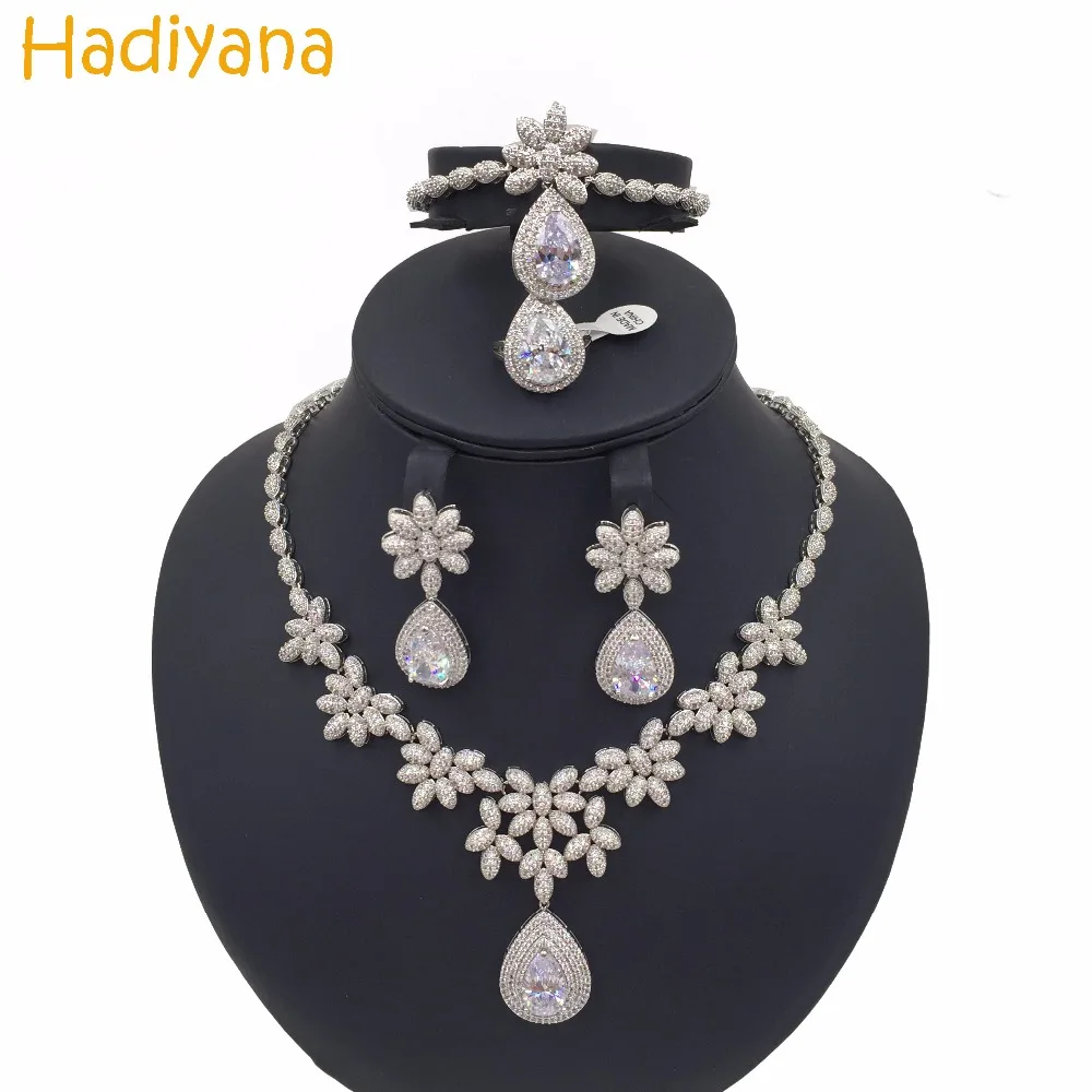 Hadiyana Water-drop Sparkling Cubic Zircon Snowflake 4pcs Set Luxury Wedding Jewelry Bridal Big Sets For Women Sliver Gold CN165 Hadiyana Water-drop Sparkling Cubic Zircon Snowflake 4pcs Set Luxury Wedding Jewelry Bridal Big Sets For Women Sliver Gold CN165