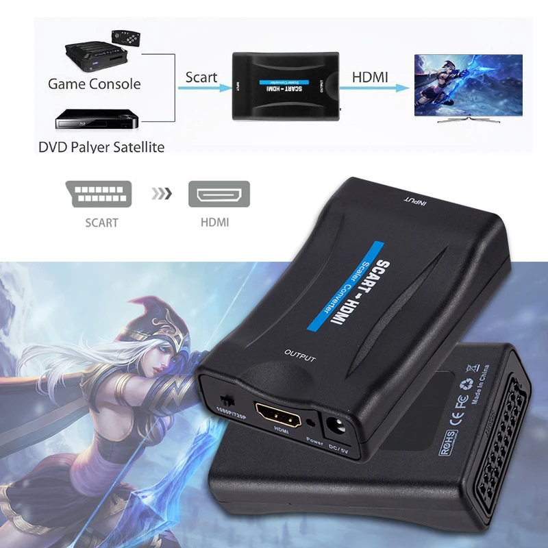  Scart a Hdmi Upscaler Convertitore Video Adattatore 1080P Hd Converter Supporto Ntsc Pal Uscita per