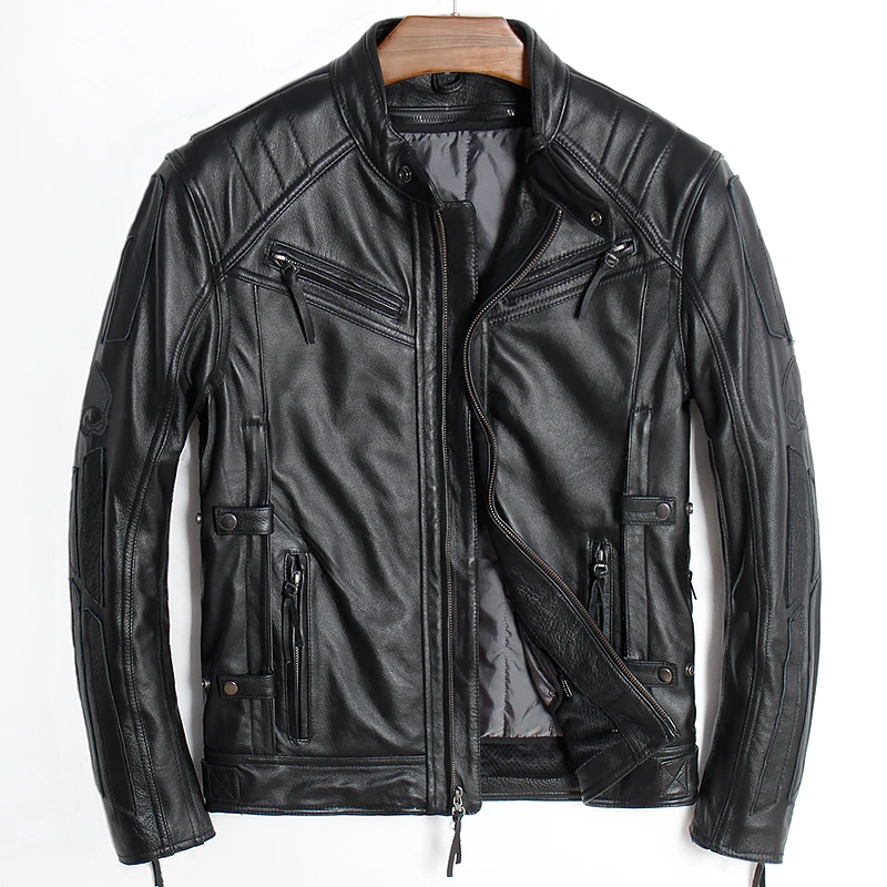 Мотоциклетная кожаная куртка Мужская натуральная кожа куртка первый слой яловая кожа Harley Череп мотоциклетный костюм Стенд воротник