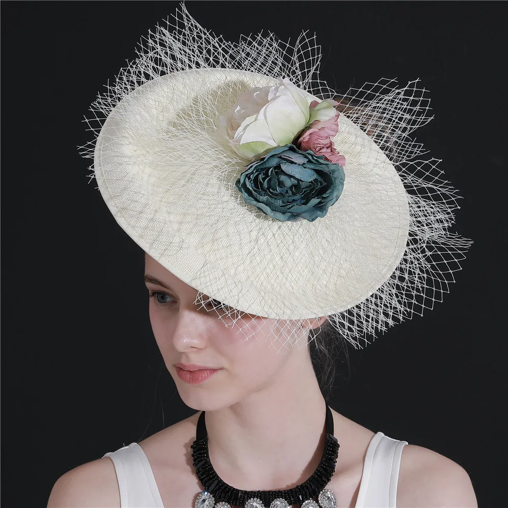 

beige imitation linen wedding hair accessories kentucky derby fascinator headwear High quality cocktail hat with flower XMF229