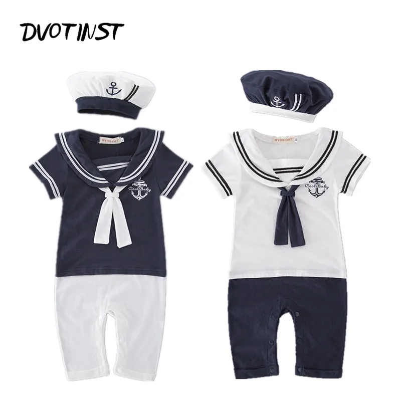 Baby Boy Clothes Summer Short Sleeves Sailor Navy Romper+Hat 2pcs Set