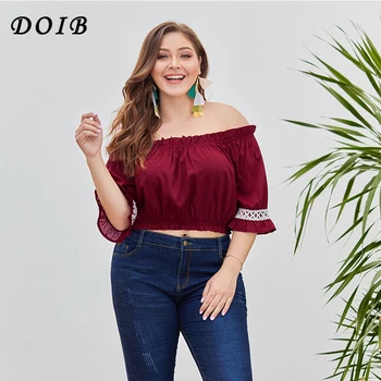 

DOIB Plus Size Blouse Casual Solid Color Off Shoulder Half Flare Sleeve Slash Neck Shirt XL 2XL 3XL 4XL