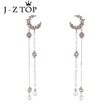 JZTOP, серьги-гвоздики со звездами и луной, имитация жемчуга, длинные серьги с кисточками для женщин, роскошные стразы, ювелирные изделия