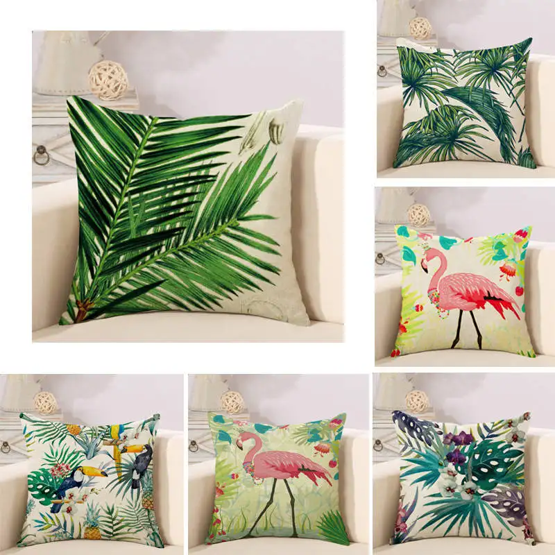 

Decorative Pillow Cover Square Linen Throw Pillow Case Cushion Cover Flower Leaf Flamingos Pillowcase