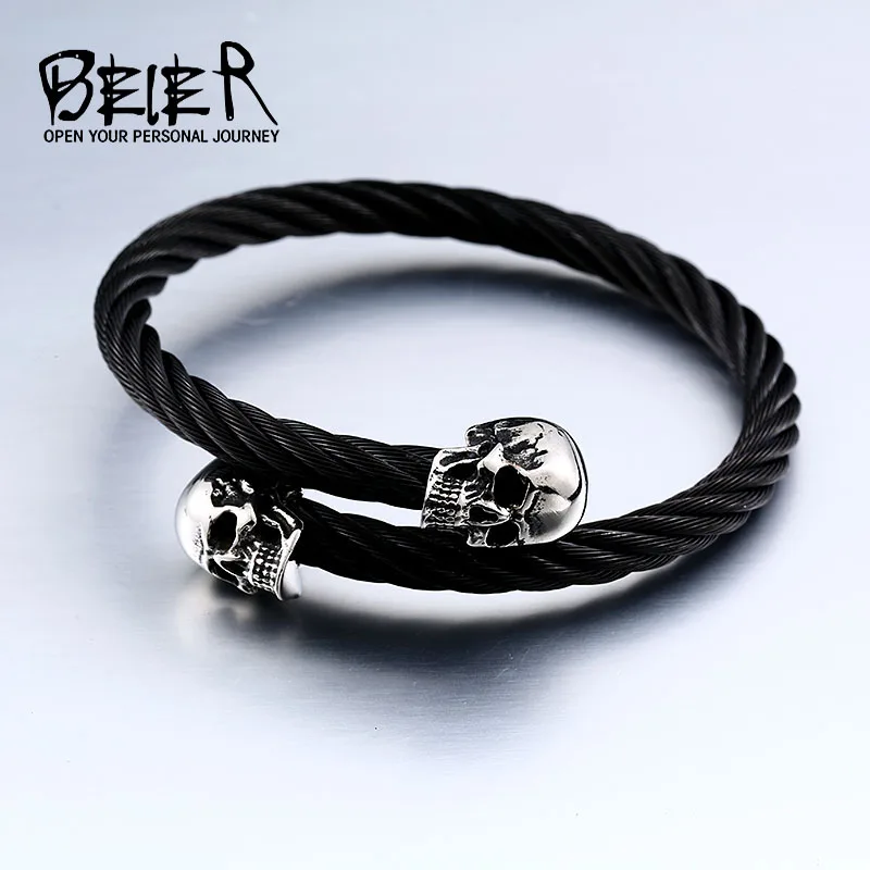 Байер магазин 316L нержавеющая сталь браслеты высокого качества для женщин и мужчин двойной череп браслеты в стиле панк Модные ювелирные изделия BRG-012