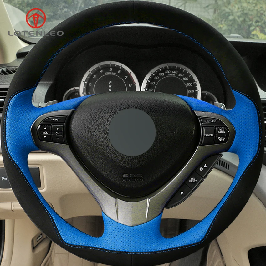 

LQTENLEO Black Suede Blue Leather DIY Hand-stitched Car Steering Wheel Cover for Honda Spirior OId Accord