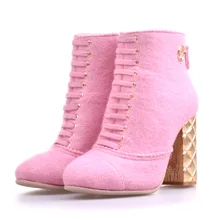 

Pink Wool Felt Women Ankle Boots Chunky Heels Leather Plush Zipper Booties Diamond Embossed Heel Autumn Elegant Women Shoes