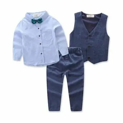 

Gentleman Style Toddler Kid Baby Boy Blue Fashion Cool Formal Long Shirt Jacket Vest Bowtie 3PCS Clothes Suit Sets