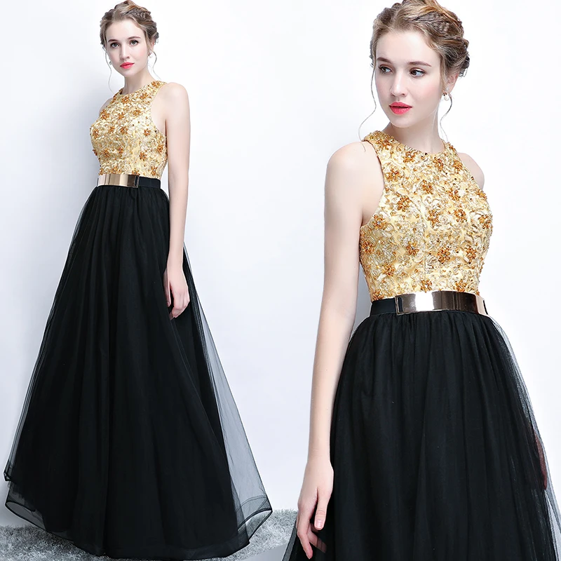 Fishday Black And Gold Evening Dress A line Sleeveless Floor length Off