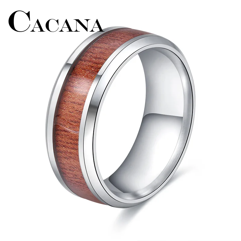 

CACANA Stainless Steel Rings For Women Men Wood grain Circle Engagement Personalized Custom Fashion Jewelry Rings