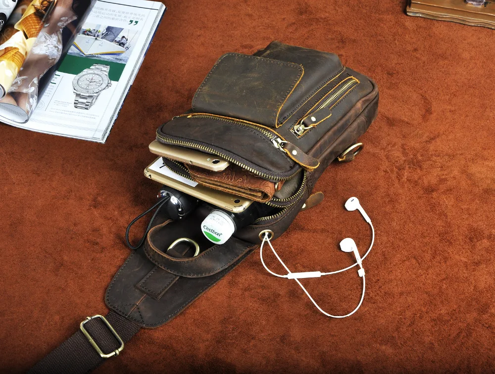 Мужская качественная кожаная модная повседневная нагрудная сумка коричневый " планшет водный дизайн Дорожная сумка на одно плечо мужская B574-d