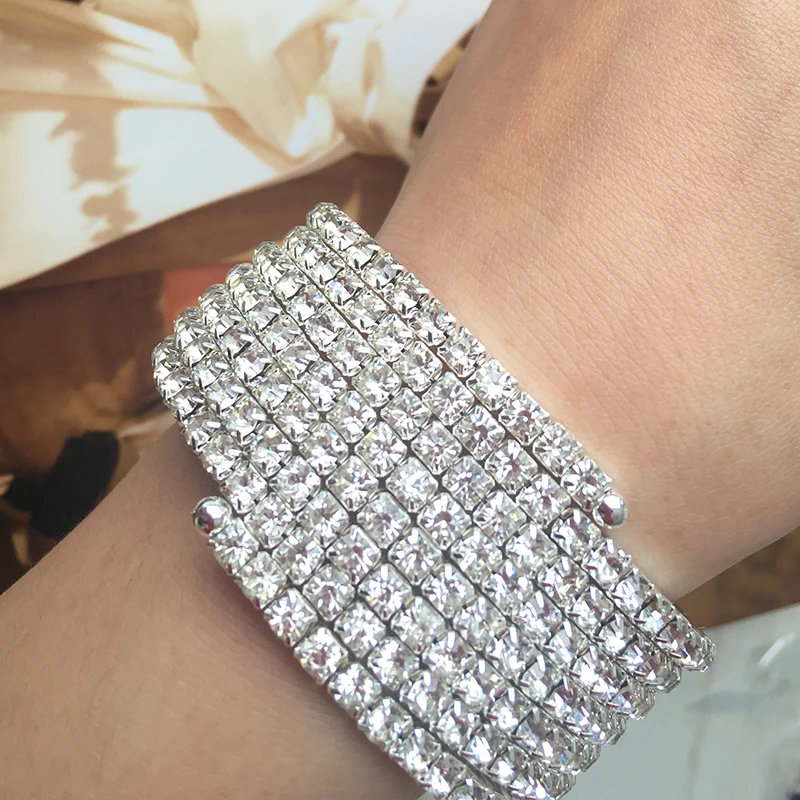 

2019 Silver Bracelets Bling Silver Alloy Clear Crystal Bracelets 3/5/7 Row Elastic Wide Bracelets Jewelry Best Gift for Women