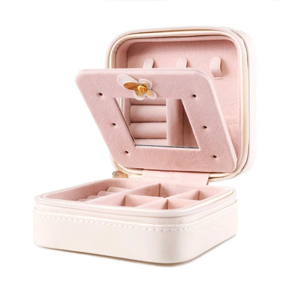 

Jewelry Organizer Box Cosmetic Makeup Organizer Travel Packaging Earrings Ring Necklace Storage Casket Case Mirror PU Leather