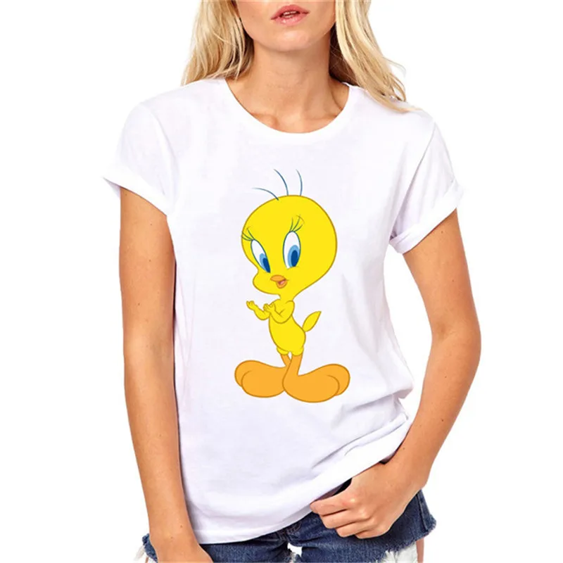 Женская футболка Looney ttes Tweety Bird с мультяшным принтом, летняя модная Милая футболка, Женские топы с круглым вырезом, белая футболка с коротким рукавом