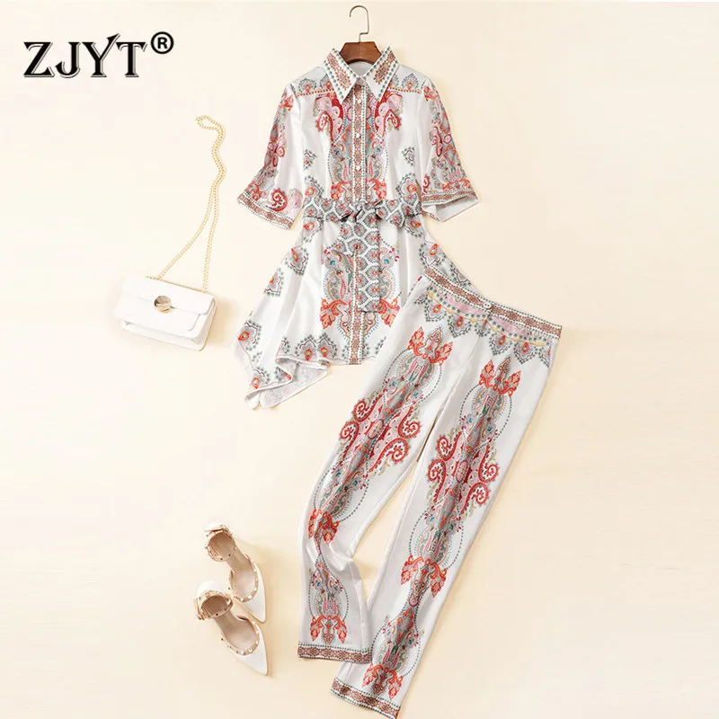 

2019 New Fashion Summer Clothes Women Runway Designer Two Piece Outfits Elegant Ethnic Vintage Long Top and Pants Suit Twinset