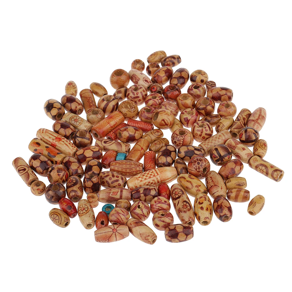 Phenovo 100 Pieces Mixed Printed Wood Beads Large Hole Bead DIY Jewelry Accessories Make Necklace Bracelet Macrame Craft Project