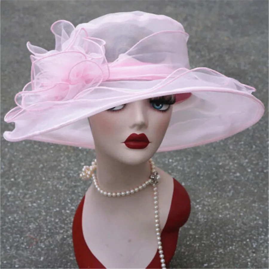 Women Sun Hat 1Pcs Mesh Ruffles Flower Kentucky Derby Wide Brim Wedding Church Occasional Organza Sun Hat