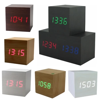 

Hot USB/AAA Powered Cube LED Digital Alarm Clock Square Modern Sound Control Wood Clock Display Temperature Night Light