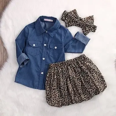 3 предмета, джинсовая рубашка для маленьких девочек и леопардовая юбка с повязкой на голову, комплекты одежды детский комплект для девочек