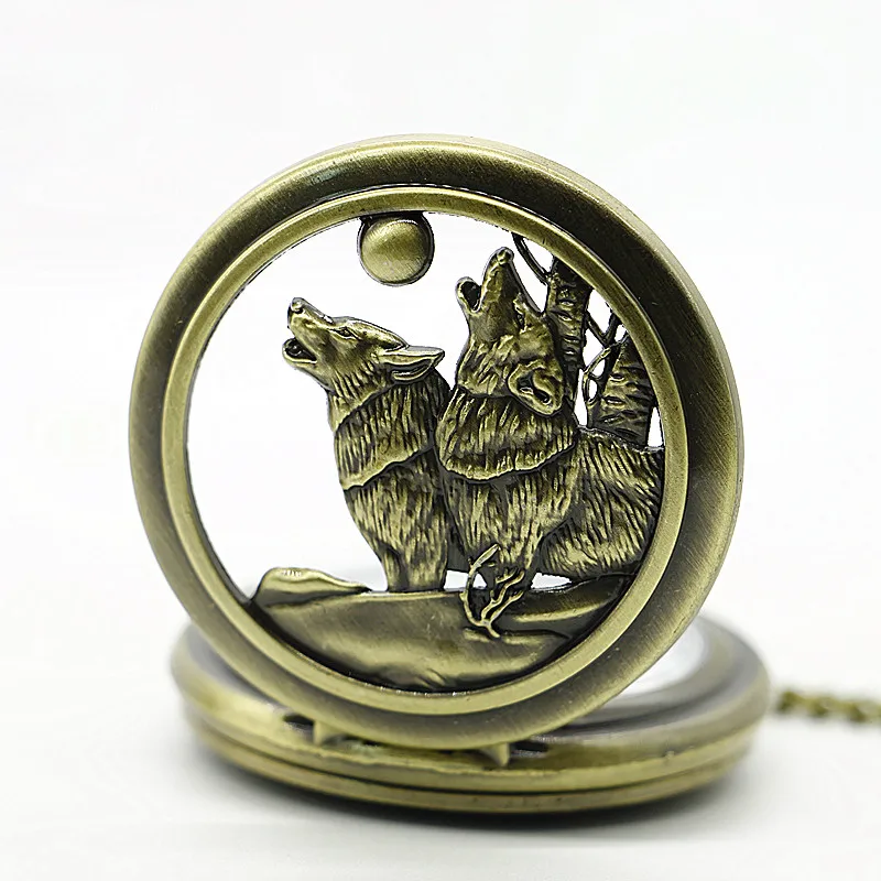 Винтажная бронзовая Луна волк полые кварцевые карманные часы ожерелье кулон для мужчин и женщин Подарки Часы