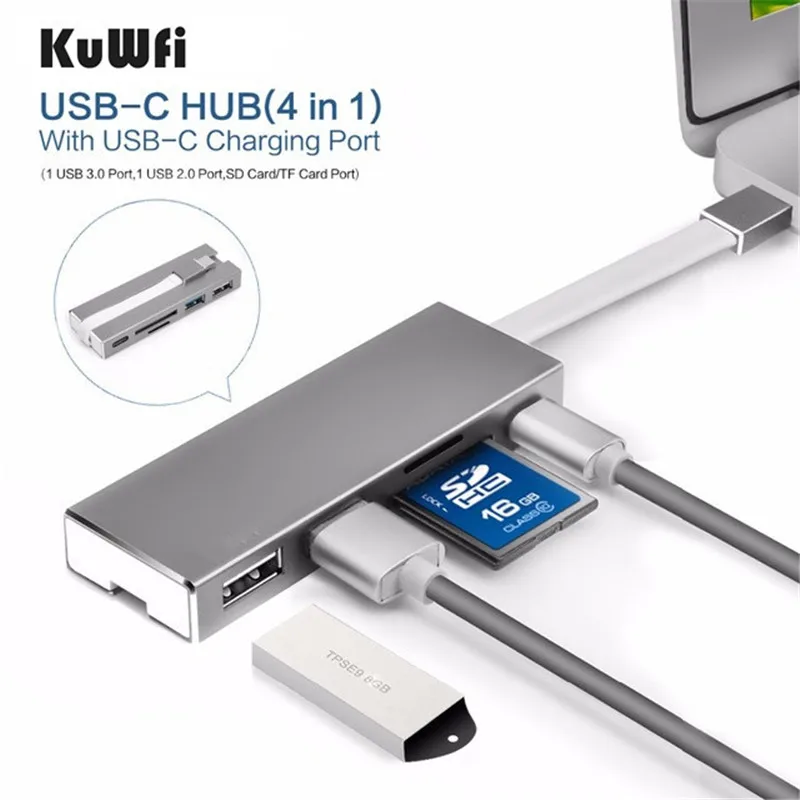 

KuWFi USB Type-C Multi-port Hub Adapter With USB3.0 USB 2.0 SD TF Card Reader Type C Charging Interface For Mackbook Air Pro