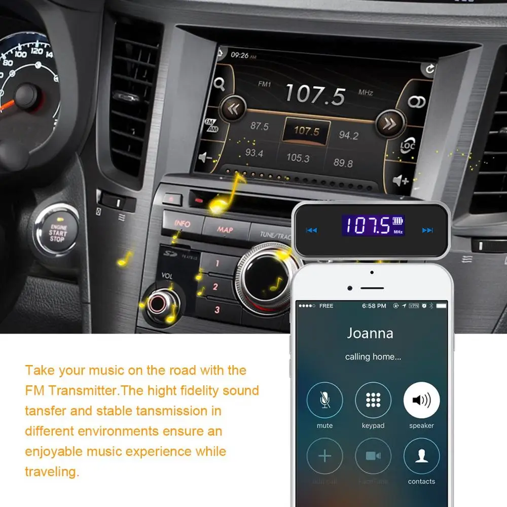 

FM Transmitter Audio Adapter Car Kit, Wireless in-Car Radio Transmitter Built-in 3.5mm Aux Port for Car MP3 MP4 Audio Players