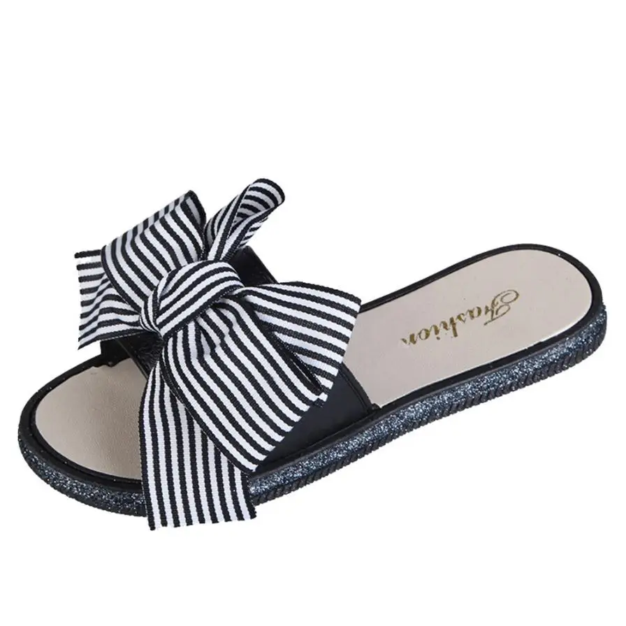 

Women's Slippers Flip flops Fashion Stripe Bow Round Toe Flat Heel Slippers Women Female Girls Cute Beach Shoes scarpe donna A6
