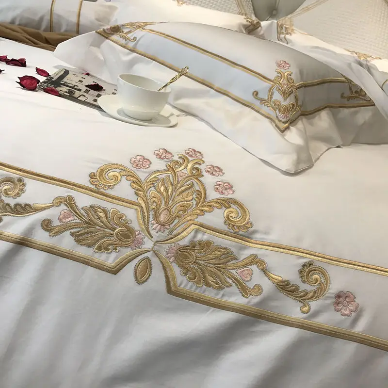 White with Gold Duvet Cover Egyptian Cotton Luxury Hotel Bed Set