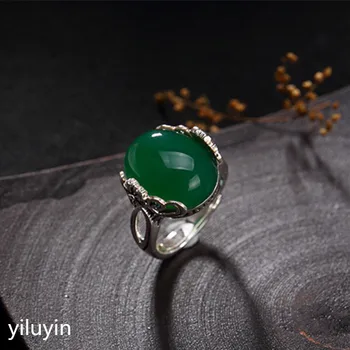 

KJJEAXCMY boutique jewelry S925 Sterling Silver Antique green chalcedony inlaid plum blossom ring high-end ladies open Sterling