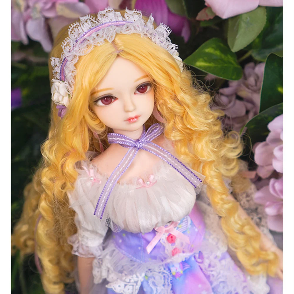 

free shipping fortune days 1/4 bjd doll 45cm golden hair purple dress with headbands white shoes combination MMGIRL BJD DOLL