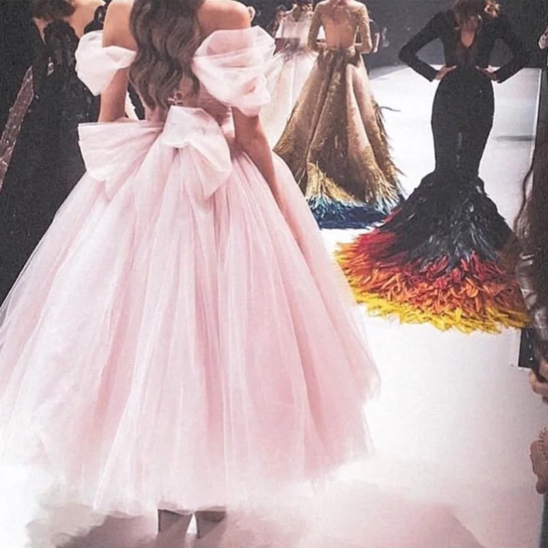 Розовое Тюлевое платье для выпускного вечера с открытыми плечами элегантное бальное платье длиной до щиколотки торжественное платье пышные вечерние платья принцессы с жемчугом и бантом