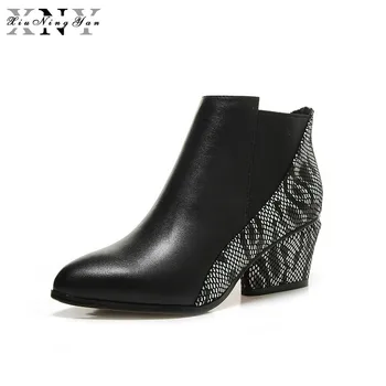 

Xiuningyan Chelsea Boots Ankle Boots for Women Winter Shoes Genuine Leather Mixed Color Round Toe Irregular Square Heels 33-43