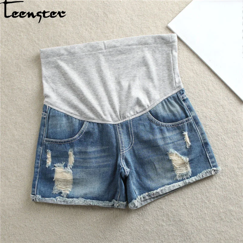 

Teenster Maternity Clothes Summer Pregnancy Jean Denim Shorts Pregnant Support Belly Contrast Heans Trousers for Premama