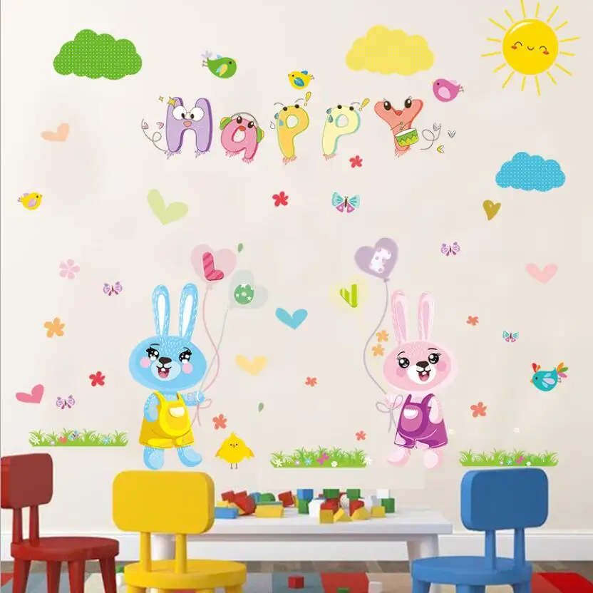 Cute Cartoon Rabbit Wall Sticker Baby Room Decor Stickers Happy Sweet