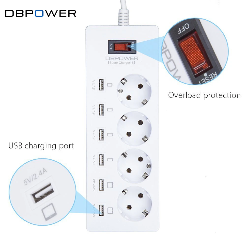 ДБ Мощность 6 USB 4 розетки полосы адаптер с выключателем для usb устройствам и