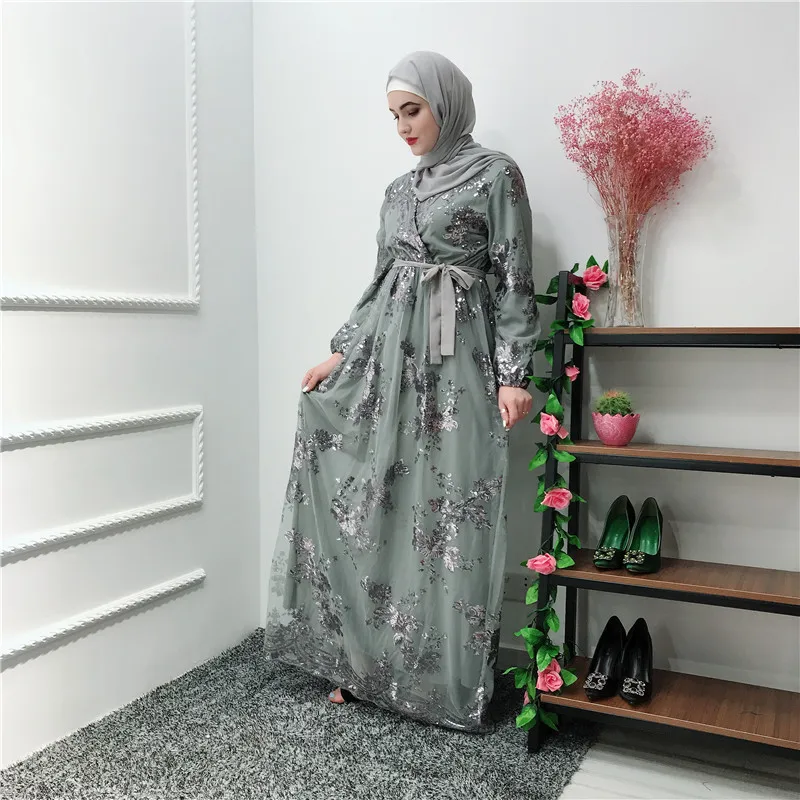 Мусульманская кружевная вышивка Bronzing abaya полное платье кардиган-кимоно длинные халаты Jubah Ближний Восток Eid Рамадан Исламская одежда - Цвет: Gray with hijab