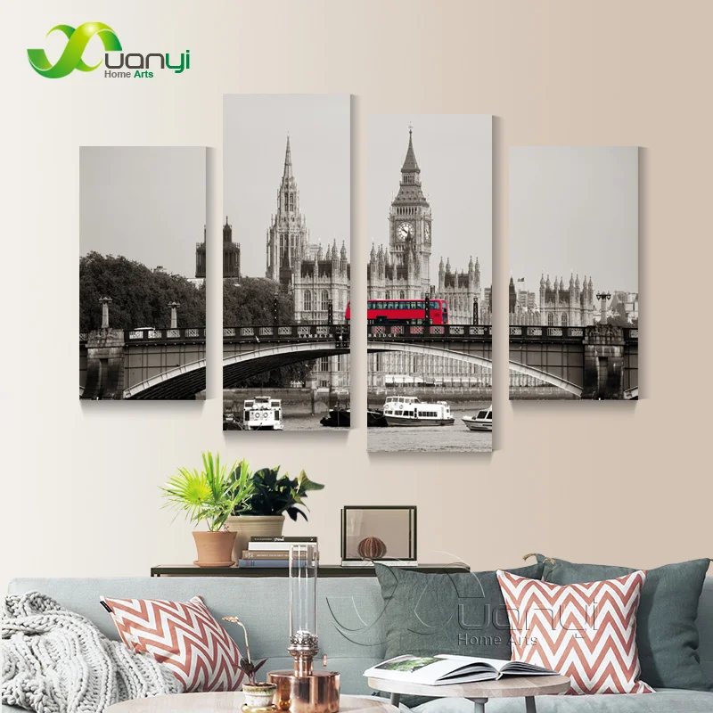 

4 Panel London Big Ben Landscape Canvas Poster Painting On Canvas Street Scene Modular Picture Home Decor Prints Unframed PR1462