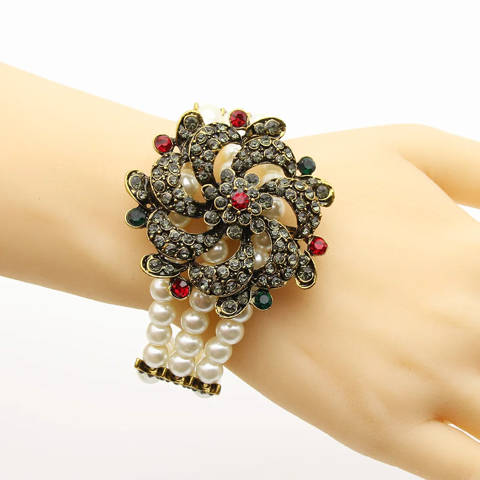 Vintage Rhinestone Flower Beaded Bracelet Women Antique Gold Color Vintage Rhinestone Flower Beaded Bracelet Women Antique Gold Color Turkish Jewelry Simulated Pearl Bridal Banquet Bracelets In Charm From