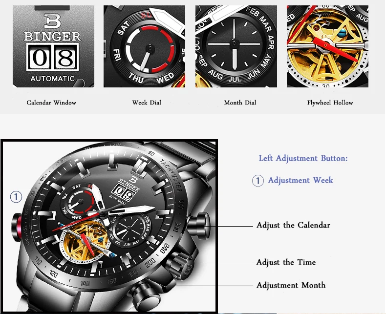 BINGER мужские s часы лучший бренд класса люкс автоматические механические часы мужские из нержавеющей стали военные Tourbillon Relogio Masculino