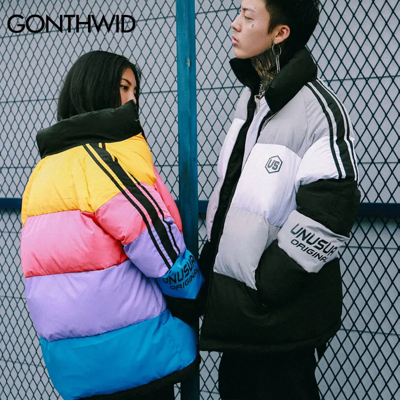 GONTHWID для мужчин женщин хип хоп зимние толстые парки Harajuku радуга цвет блок