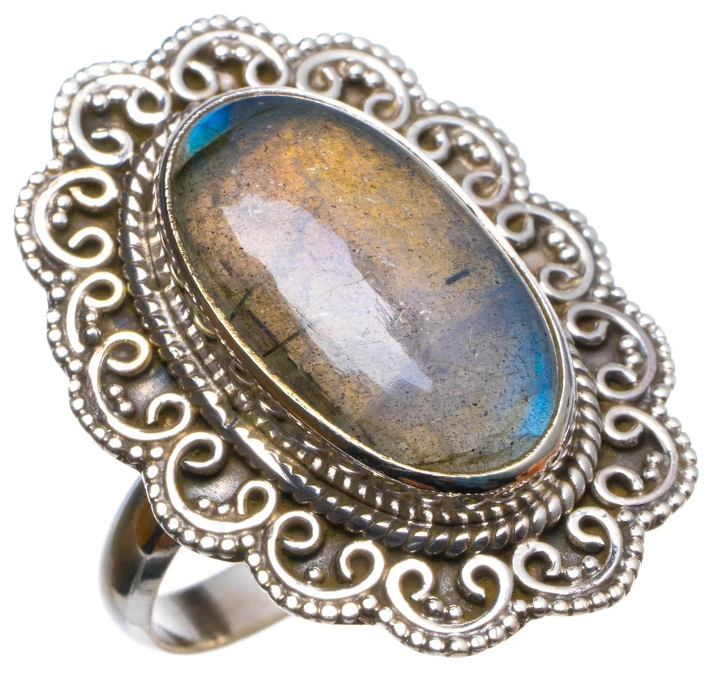 

Natural Blue Fire Labradorite Handmade Unique 925 Sterling Silver Ring, US size 7.5 X3059
