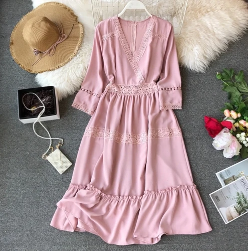 Женское богемное платье, женское платье с рукавом средней длины и v-образным вырезом, красное и белое, для пляжного отдыха, элегантное, Vestidos E152 - Цвет: Pink