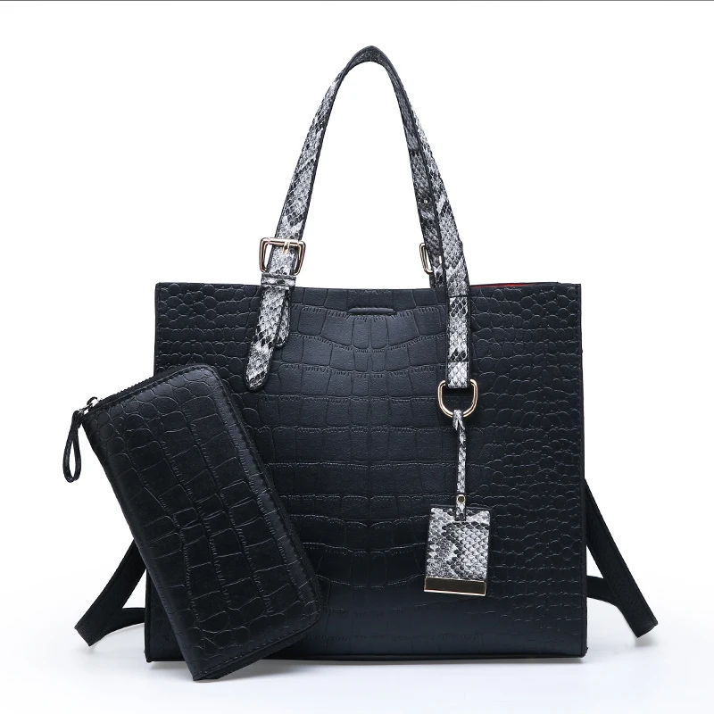 Женская сумка, два комплекта, роскошный кожаный кошелек и сумочка, высокое качество, известные бренды, дизайнерская сумка, женские сумки через плечо - Цвет: Черный