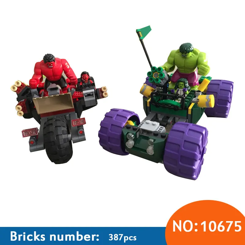 

10675 387pcs Marvel Super Hero Hulk Vs Red Hulk Team Vehicle Building Block Compatible 76078 DIY Bricks Toy