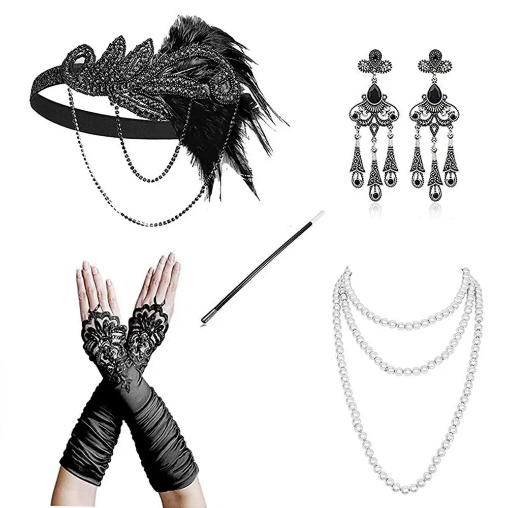 

Black 1920s Accessories Set Great Gatsby Flapper Costume for Women Headband Gloves Cigarette Holder Necklace Bracelets