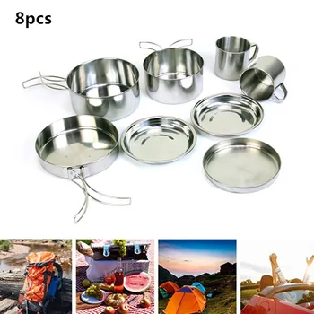 

8Pcs/Set Outdoor Portable Camping Picnic Cookwares Stainless Steel Bowl Pan Cup Combination